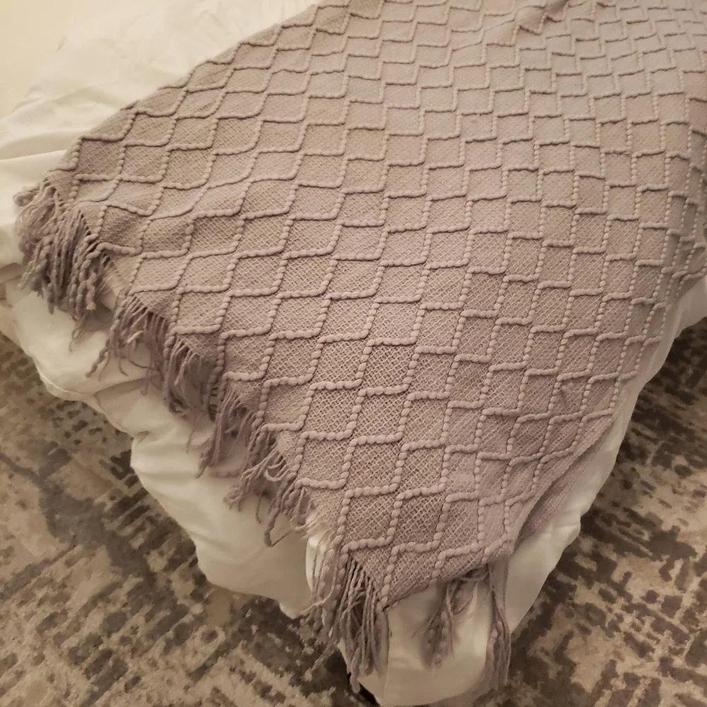 Grey knit tassel throw blanket